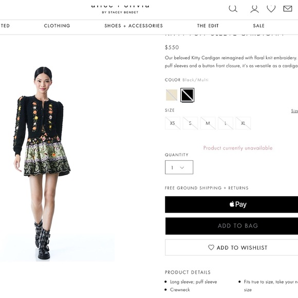 Alice + Olivia Kitty Floral Puff Sleeve Wool Blend Black Cardigan Sweater - Picture 3 of 16